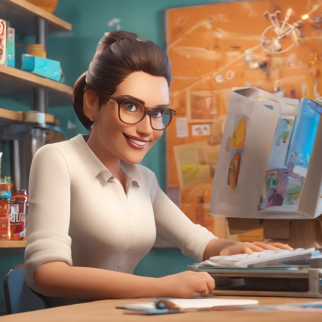 Create a 3d movie poster , The setting is a gift shop with a table, canecas, computador, maquina de recorte, encadernadora, impressoras, papers, tesouras, tintas. The main character is a white-skinned woman, de meia-idade de cinquenta um anos e cabelos grisalhos lisos e de comprimento longo, olhos castanhos, vestindo camiseta branca, Jeans and brown glasses.