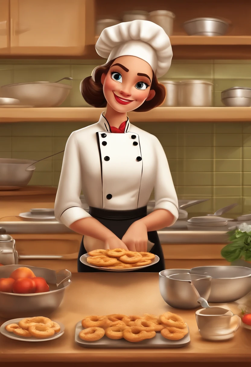 Create a Disney Pixar Poster. Uma mulher chef de cozinha, com cabelos cor castanho claro na altura do ombro, com sorriso feliz, olhos castanhos pequenos. Ela usa brincos pequenos. Ela esta fazendo biscoitos em uma confeitaria. Ela usa um vestido preto com um avental branco. Tem flores rosas sobre a mesa. She's got a badge with the writing on it "Chef Rô"