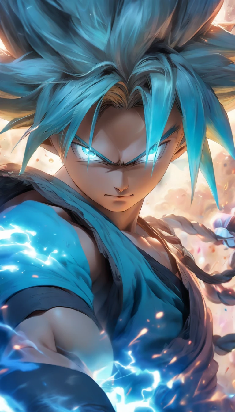 China-style,Ezreal de League of Legend com brincos Dragonball Z , messy short blue hair, wearing goggles, Efeitos de brilho, hyper-realistic, foto ultra realista, Estilo de tinta chinesa preto e branco, dinheiro, Discoloration,Manchar,tinta,4k,Superfino,alta qualidade, Renderizador OC