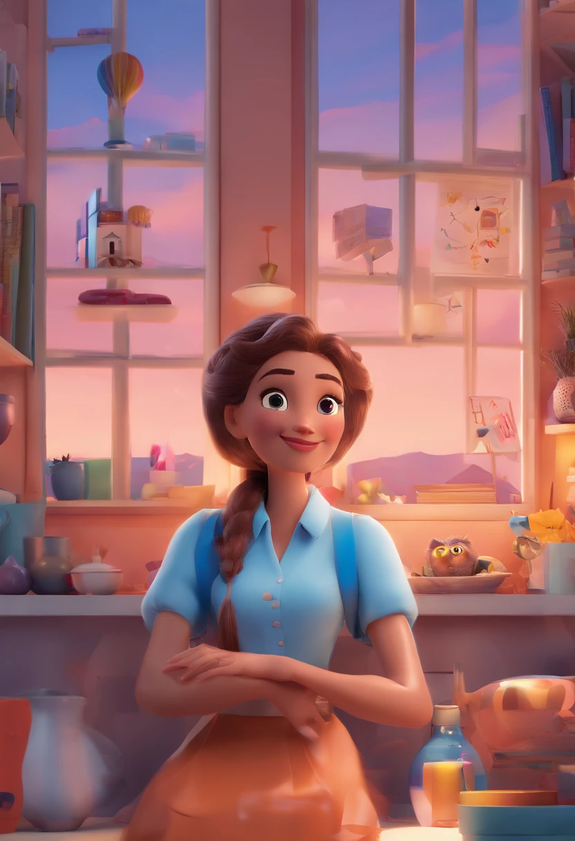 An illustration of an adorable couple, Destacando um homem e uma mulher com beleza, Expressive eyes – the man's hair is bald and brown and he has a full beard, While the woman's hair is tied up in a bun and blonde. They are a bright space, Todos com um sorriso no rosto, e compartilhe um momento especial, That is marked by love, viagem, and pedagogical insights. Ilustre esta cena a partir de uma perspectiva, where they're facing away from the camera, Show Your Connection. Desenvolva esta arte em Full HD, Focus on your cinematic touch, Estilo Disney Pixar Animations