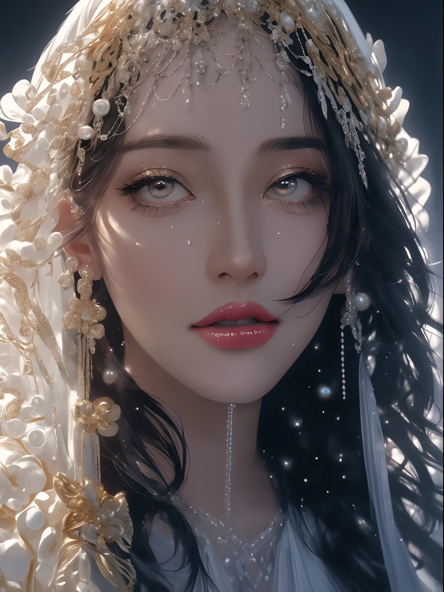 a close up of a woman wearing a white pearl veil and a gold head piece, stunning digital illustration, 4k highly detailed digital art, beautiful digital artwork, arabian beauty, beautiful digital illustration, 8k stunning artwork, 8k high quality detailed art, intricate wlop, detailed beauty portrait, arabian princess, detailed beautiful portrait, beautiful art uhd 4 k