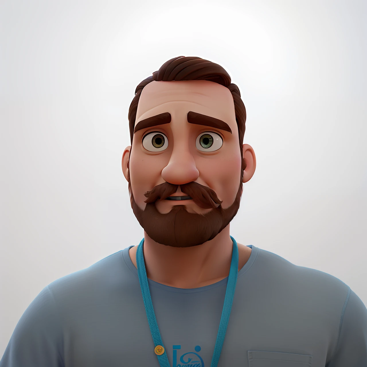 Poster no estilo Disney pixar, alta qualidade, melhor qualidade, homem sexy branco, olhos azuis esverdeados, 34 anos cabelo bem curto e raso, barba e bigode castanhos escuros, musculoso, com fundo branco em ambiente de trabalho