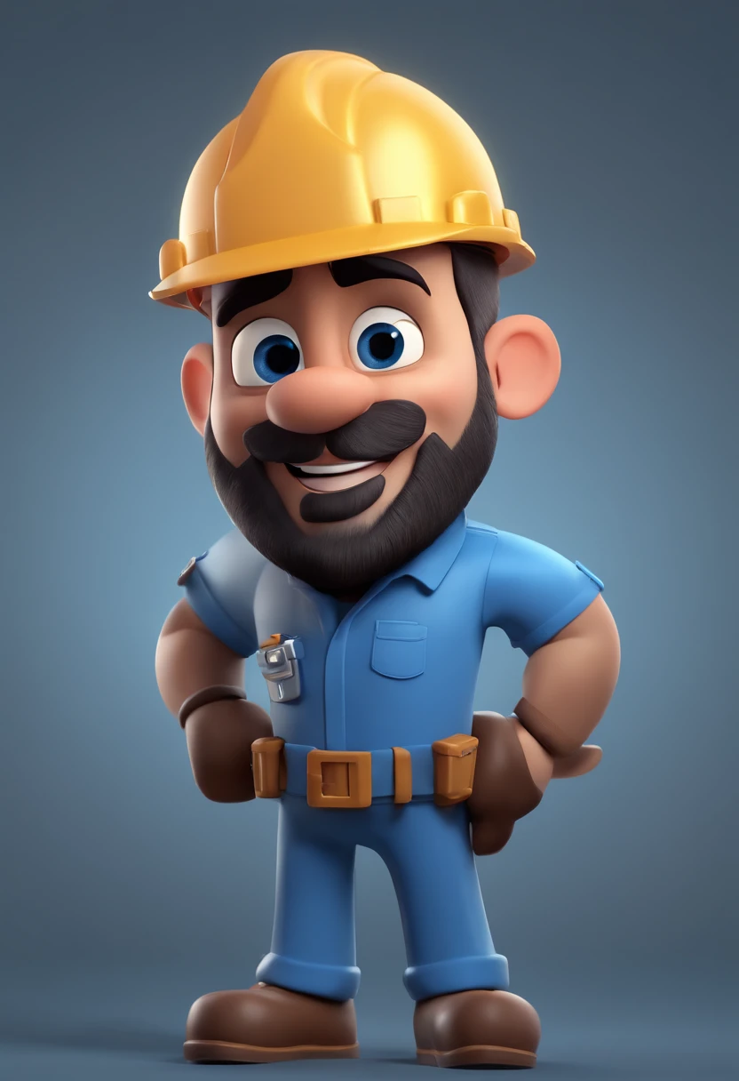 Cartoon character of a work safety technician with black beard, cabelo escuro e uma camisa azul, animation character, Caractere estilizado, animation style rendering, 3D estilizado, Arnold Maya render, 3 d render stylized, toon render keyshot, Personagem 3D, Personagem 3D, 3d rendering stylized, 3 d character render, personagem de desenho animado, Personagem de close up, Pose de personagem, (Estilo Pixar) (master part:1.2) (Bokeh) (best quality) (pele detalhada) (textura detalhada) (8k) (argila) (Cinematic lighting) (foco nítido