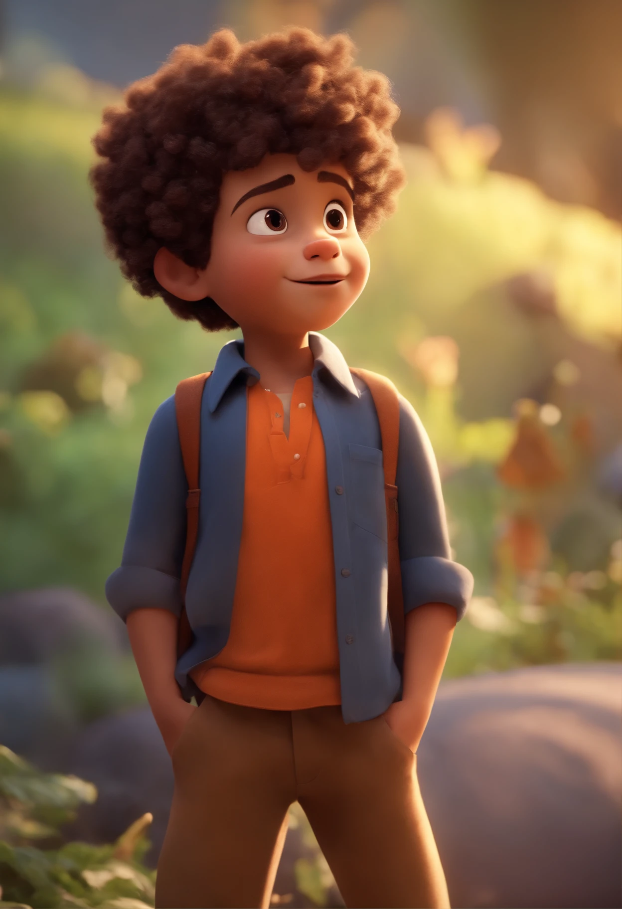 Image of a boy for a story in a YouTube video in Pixar format, He's the  allabester, He's the class leader, He's outgoing, Playful and gets up for a lot of things, cabelo curto