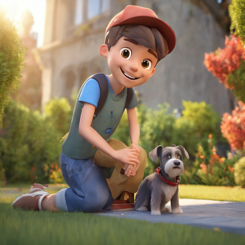 Lucas is a smiling -yeld hu boy, com seu fiel amigo, Bolt, o cachorro schnauzer, deitados no jardim