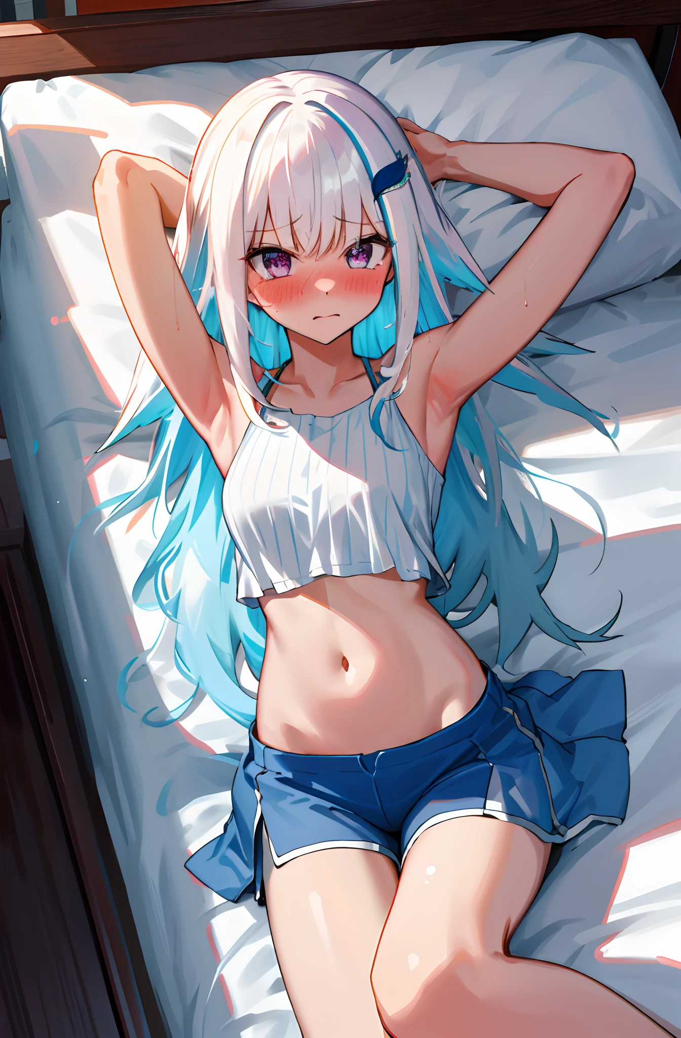 Small boobs , small body, tongue,upper body, ((masterpiece)), (best quality), beautiful, extremely detailed face, perfect lighting,ultra-detailed, sexy,  ,flushed, midriff , topless, long socks, bed , abed ,  gawr gura, blue hair