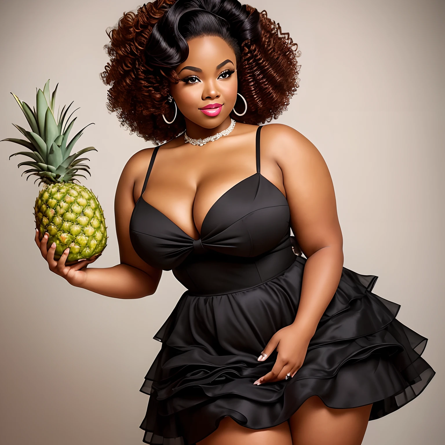 Portrait of a curvy big breasted black woman, pinup model, curly hair, ballgown, vintage. bbw, holding a pineapple, swinger