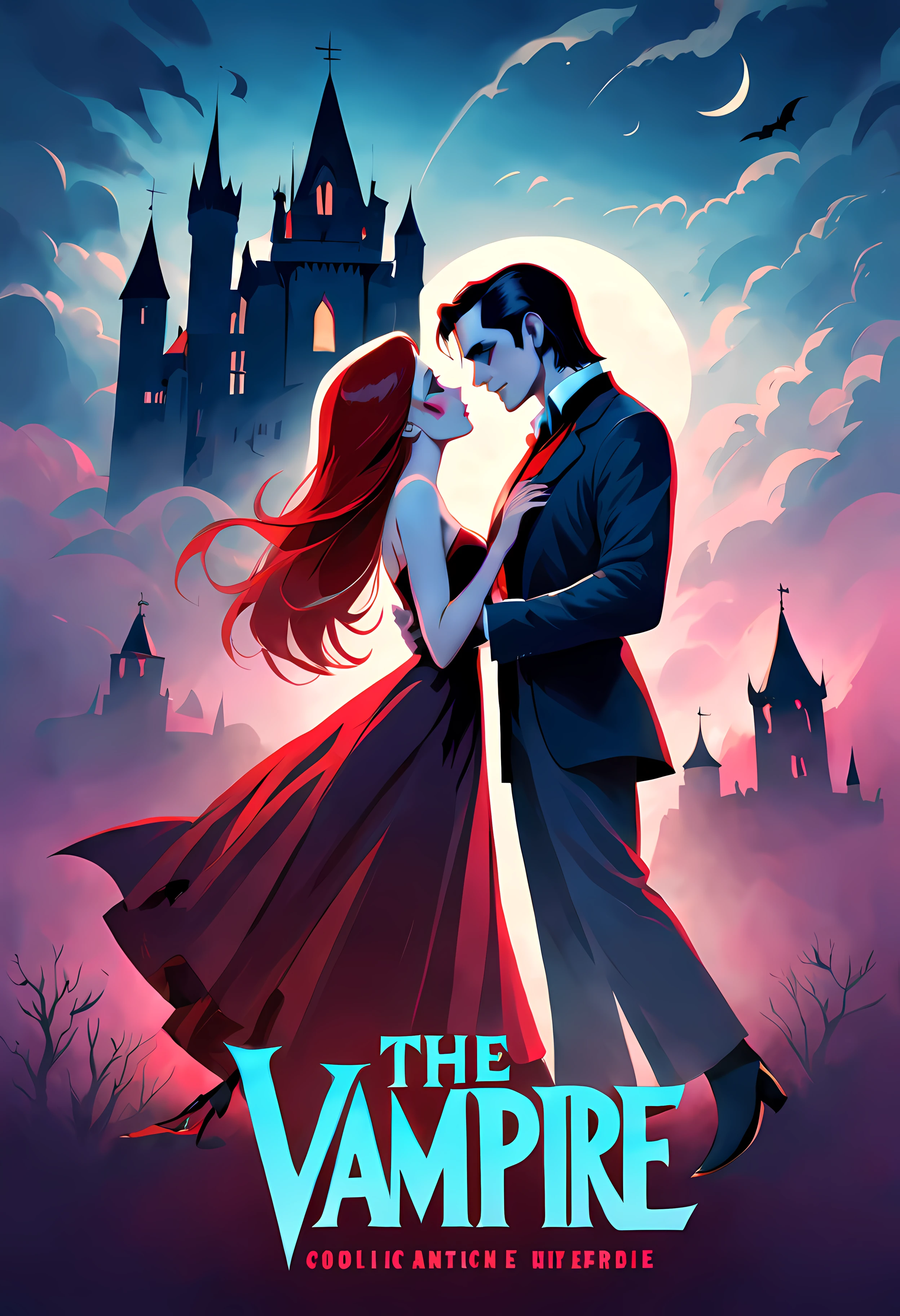 Movie Poster - Title "Zing". Create a visually captivating poster that combines romance and the supernatural. Set the scene with a moonlit backdrop, a Gothic castle, or a misty graveyard to emphasize the vampire theme. Place the main characters, a dazzling vampire couple, in an intimate and passionate pose, capturing a captivating kiss. Use contrasting colors, like deep reds and dark blues, to add intrigue and allure. Incorporate elements of mystery and desire to attract viewers' attention and evoke curiosity about the movie's storyline.