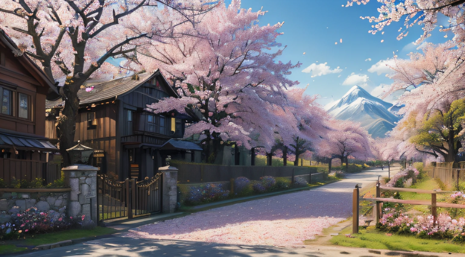 ((Ultra-realistic detail.) (Masterpiece, Top Quality, Best Quality, official arts, Beauty and Aesthetics: 1.2), Very detailed, Colorful, Most Detailed, twigs, buildings, barbed wire, cherry blossoms, Fences, Long hair, En plein air, petals, landscape, Sateen, the trees, skye, Street, real