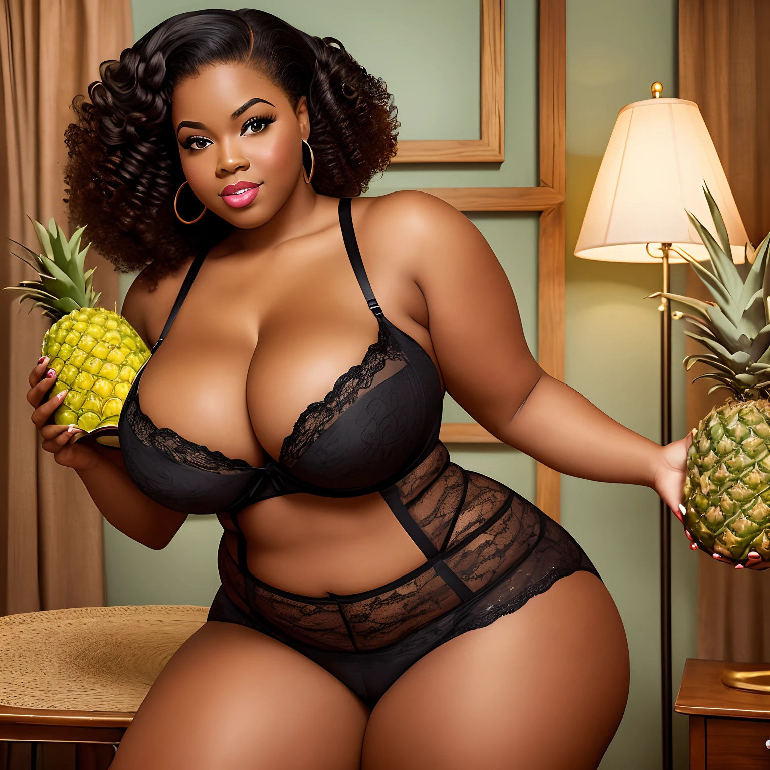 Portrait of a curvy big breasted  black woman, pinup  model, curly hair, lingerie,  vintage. bbw, holding a pineapple,  swinger