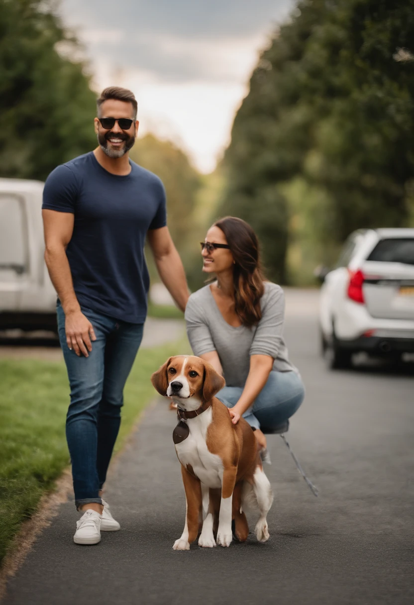 Pixar. Casal com um filhote de cachorro beagle marrom. A tem os cabelos loiros amarrados, Camiseta cinza e jeans claro, white glasses. O meninobelos pretos com cabelos grisalhos, barba pequena, oculos, Dark blue jeans and gray t-shirt. They are both smiling and are 40 years old