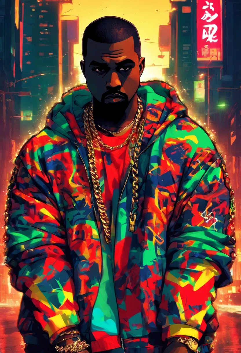 kanye west , pelos ruivos, , corte de cabelo vermelho, jaqueta toda vermelha, folded arms ,tatooado, estilo hip hop, estilo gta 5,chain in the neck , cenario cidade de los santos.