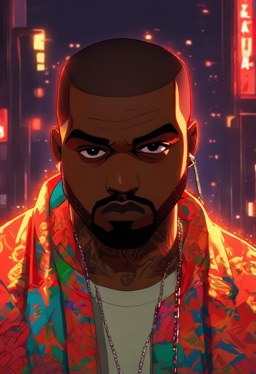 kanye west , pelos ruivos, , corte de cabelo vermelho, jaqueta toda vermelha, folded arms ,tatooado, estilo hip hop, estilo gta 5,chain in the neck , cenario cidade de los santos.