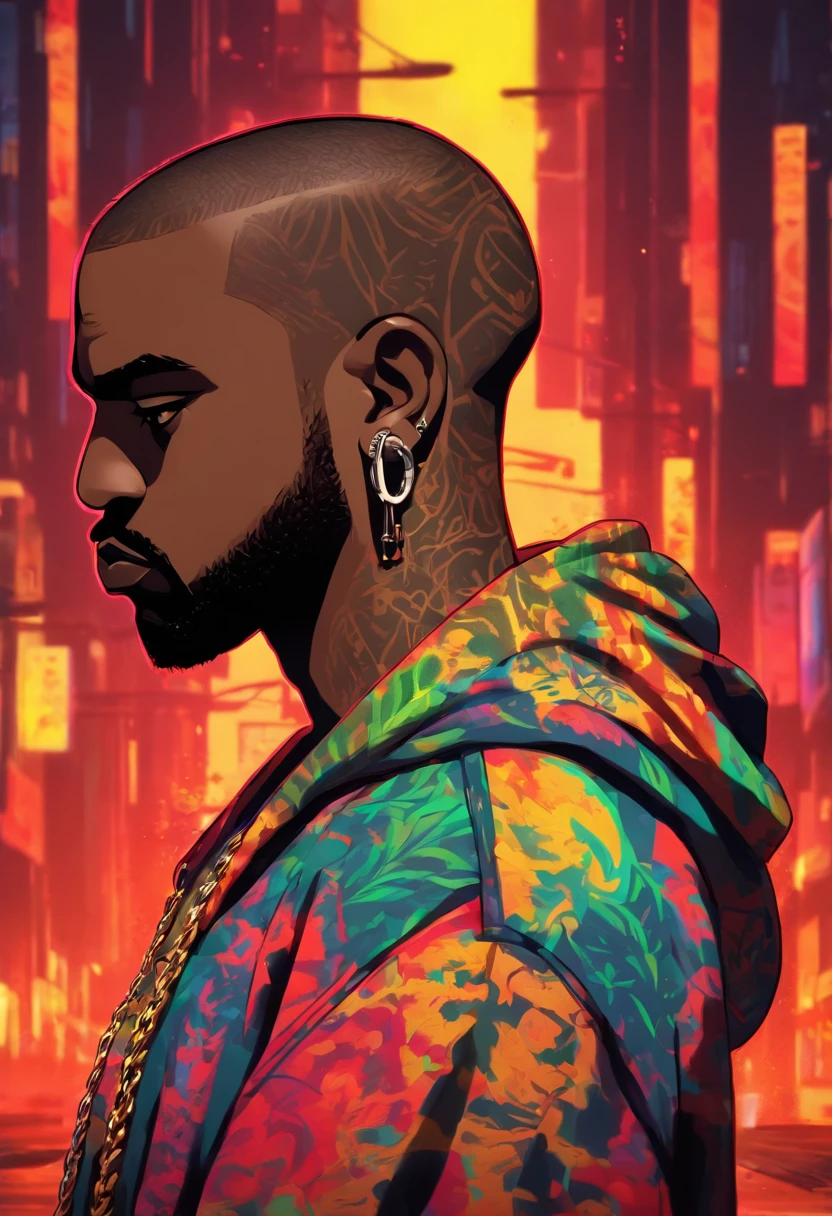 kanye west , pelos ruivos, , corte de cabelo vermelho, jaqueta toda vermelha, folded arms ,tatooado, estilo hip hop, estilo gta 5,chain in the neck , cenario cidade de los santos.