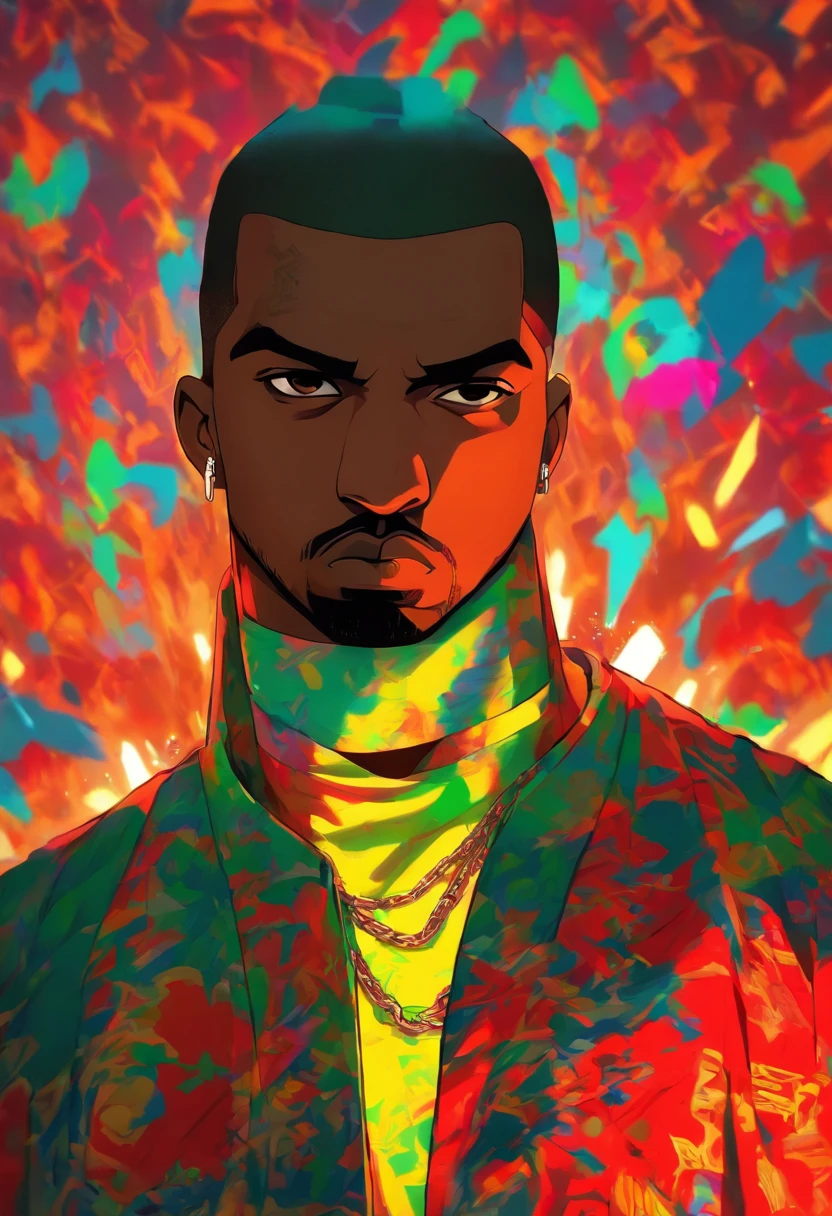 kanye west , pelos ruivos, , corte de cabelo vermelho, jaqueta toda vermelha, folded arms ,tatooado, estilo hip hop, estilo gta 5,chain in the neck , cenario cidade de los santos.