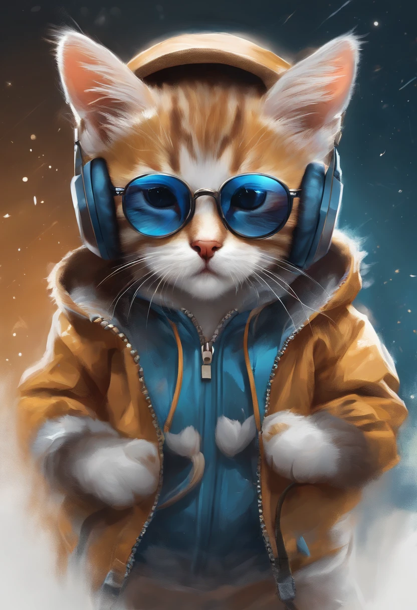 Perfect centering, a cute little cat, Wear a student jacket, Wearing sunglasses, Wearing headphones, Standing position, Abstract beauty, Centered, Looking at the camera, Facing the camera, nearing perfection, Dynamic, Moonlight, Highly detailed, Digital painting, art stations, concept-art, smooth, Sharp focus, 8K, high definition resolution, illustration, Art by Carne Griffiths and Wadim Kashin, White background