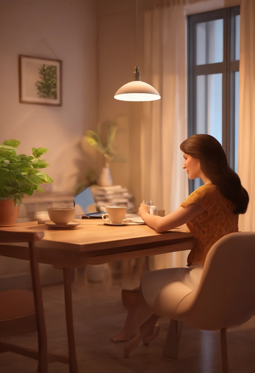 Desenho em estilo 3D da Pixar. The image features a woman sitting at a dining table, working on her laptop. She is smiling and appears to be enjoying her time. The table is surrounded by chairs, with one on the left side of the woman and another on the right. In addition to the laptop, there is a cup placed on the table, possibly containing a beverage, a open bible and some color pen. A potted plant is located on the left side of the table, adding a touch of greenery to the scene. The woman's presence and the setup of the table create a cozy and comfortable atmosphere for her to work or engage in leisure activities