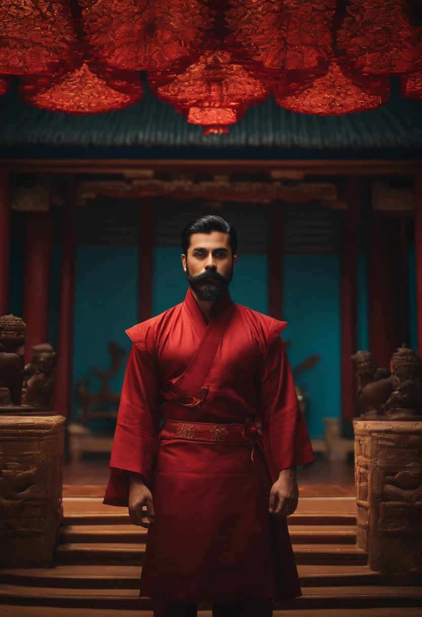 UM rapaz com olhos castanhos claros cabelo estilo samurai amarrado com com bigode fico e barbicha com uma caneta digitalizadora e um monitor compondo efeitos visuais e uma sala com paredes cinzas e com um neon na parede escrito Cohen Films Studios