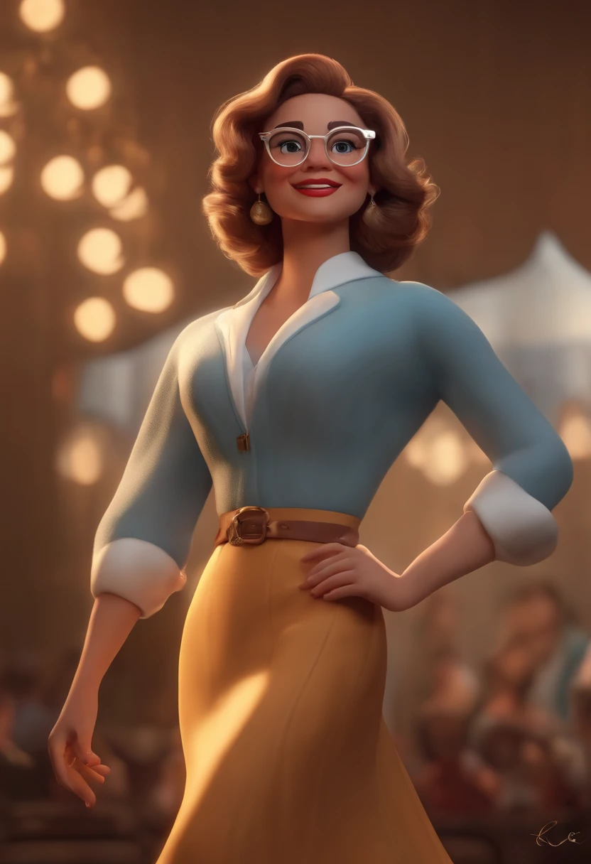 "(best quality,ultra-detalhado,Realistic:1.37),3D rendering,illustration,design de personagens,cabelos curtos e cacheados escuros,belos olhos detalhados,wearing white glasses,Estilo Pixar,morena mulher,Dancing on the Disney stage,atmosfera animada,vivid colors,luzes de palco,expression joyful"