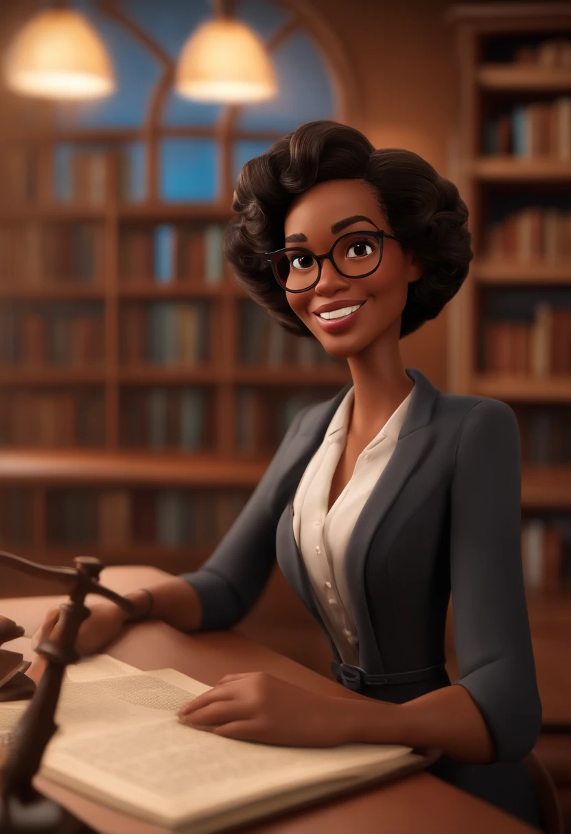 Pixar style image with 3D character, a light-skinned black woman with glasses and a dress outfit, she is a lawyer and is well dressed in the background, a law office with bookshelf and books with depth, bem bonito faca os ajustes que julgar necessario para melhor estetica ela tem cabelo cacheado medio volume cachos soltos castanhos mulher empoderada, Anos Imane, andrea rocha, inspired by Antonín Chittussi, Magalie Villeneuve, imagem profissional, simone graci, imagem profissional, imagem de perfil, imagem de alta qualidade, Alanis Guillen, inspirado em Araceli Gilbert Maquiagem Disney,Pescador, bonitinho, sorridente ,Close-up, Pixar, Disney, Cinema lighting,