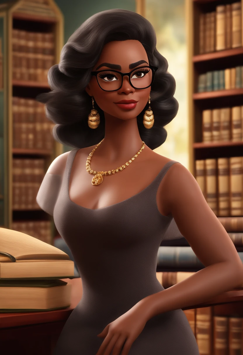 Pixar style image with 3D character, a light-skinned black woman with glasses and a dress outfit, she is a lawyer and is well dressed in the background, a law office with bookshelf and books with depth, bem bonito faca os ajustes que julgar necessario para melhor estetica ela tem cabelo cacheado medio volume cachos soltos castanhos mulher empoderada, Anos Imane, andrea rocha, inspired by Antonín Chittussi, Magalie Villeneuve, imagem profissional, simone graci, imagem profissional, imagem de perfil, imagem de alta qualidade, Alanis Guillen, inspirado em Araceli Gilbert Maquiagem Disney,Pescador, bonitinho, sorridente ,Close-up, Pixar, Disney, Cinema lighting,