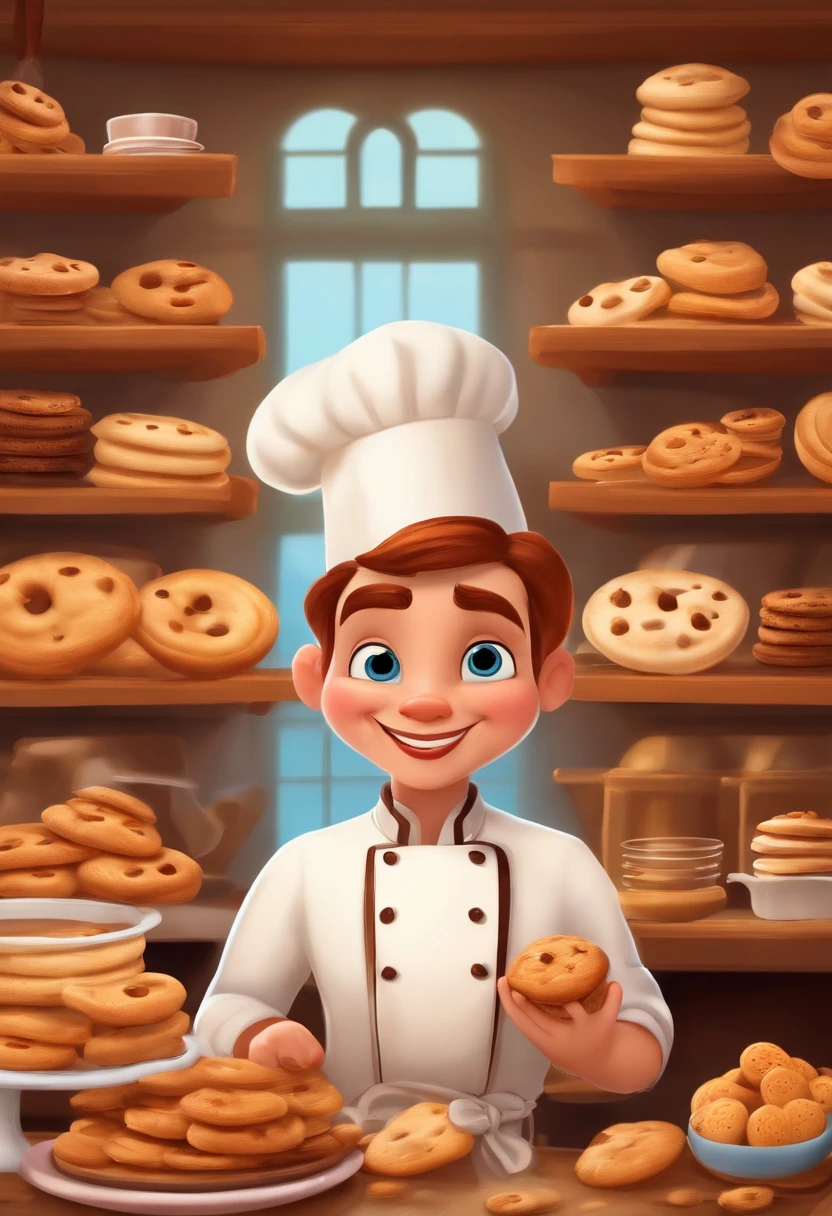 Create a Disney Pixar Poster.  Uma jovem chef de cozinha, com cabelos cor castanho claro na altura do ombro, com sorriso feliz, olhos castanhos pequenos. Ela usa brincos pequenos. Ela esta fazendo biscoitos em uma confeitaria.