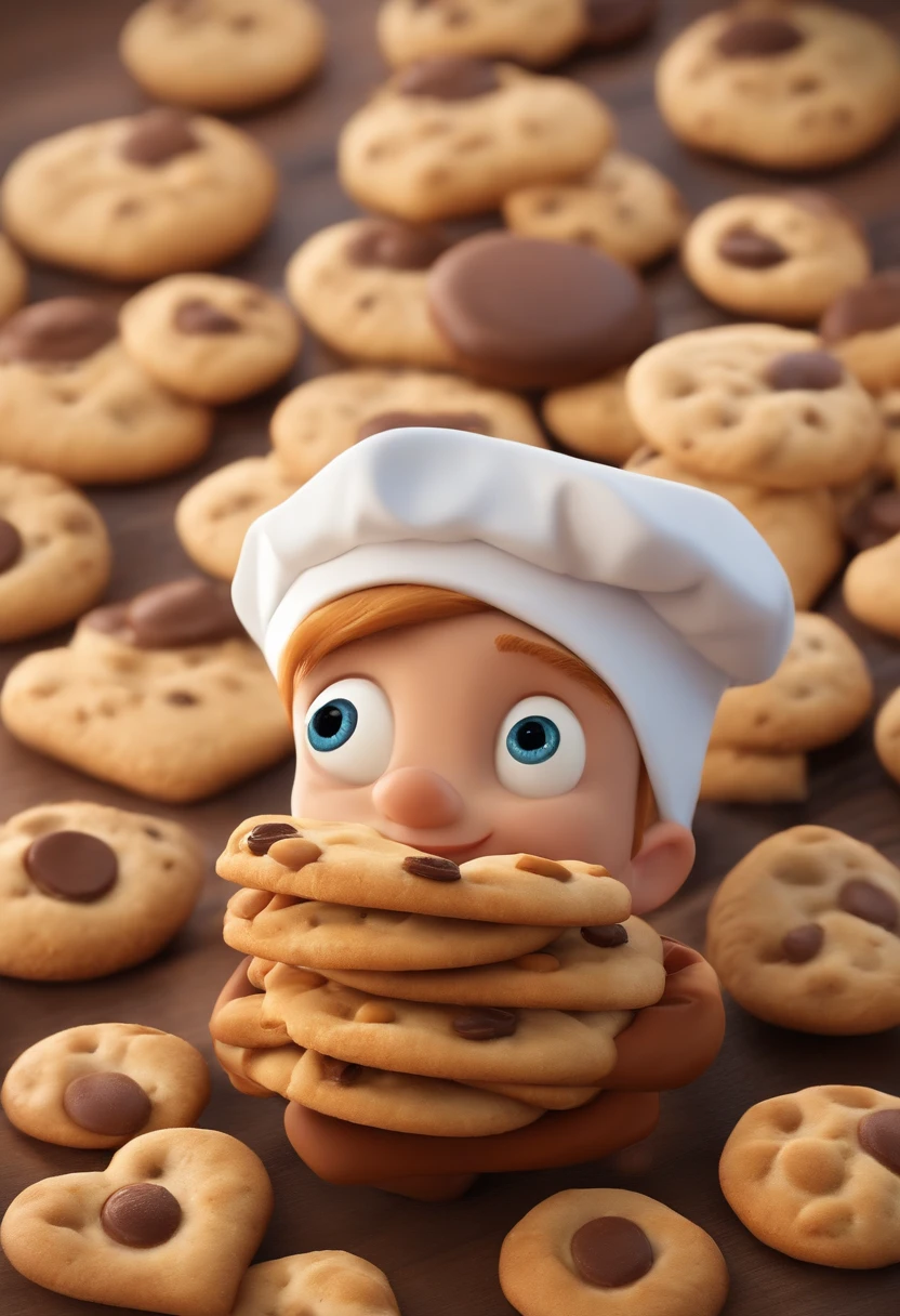 Create a Disney Pixar Poster. Uma jovem chef de cozinha, com cabelos cor castanho claro na altura do ombro, com sorriso feliz, olhos castanhos pequenos. Ela usa brincos pequenos. Ela esta fazendo biscoitos em uma confeitaria.