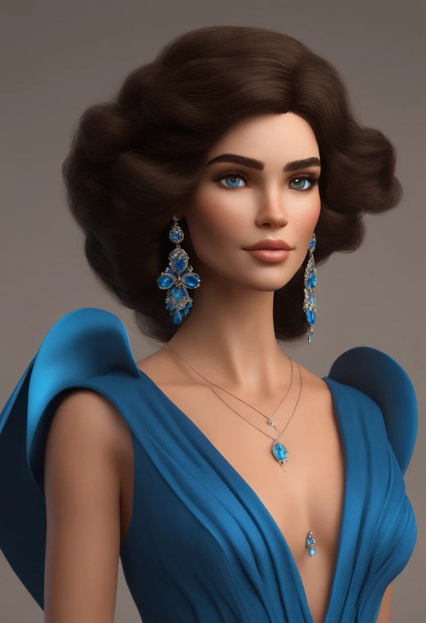 menina de cabelo curto castanho dividido ao meio com vestido azul cheio de florzinha com manga fofa, Estilo Pixar, ....3d, desenhos animados, rosto detalhado, asymmetrical 16k