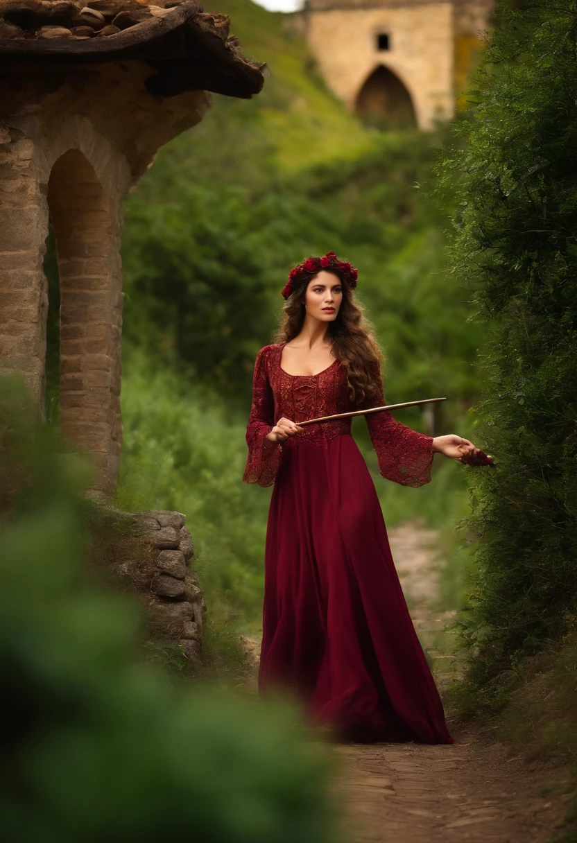 Rapaz de cabelos curtos, olhos castanhos, With aged clothes casting a spell with a magic wand, ao fundo um castelo medieval no topo de uma montanha ao anoitecer.