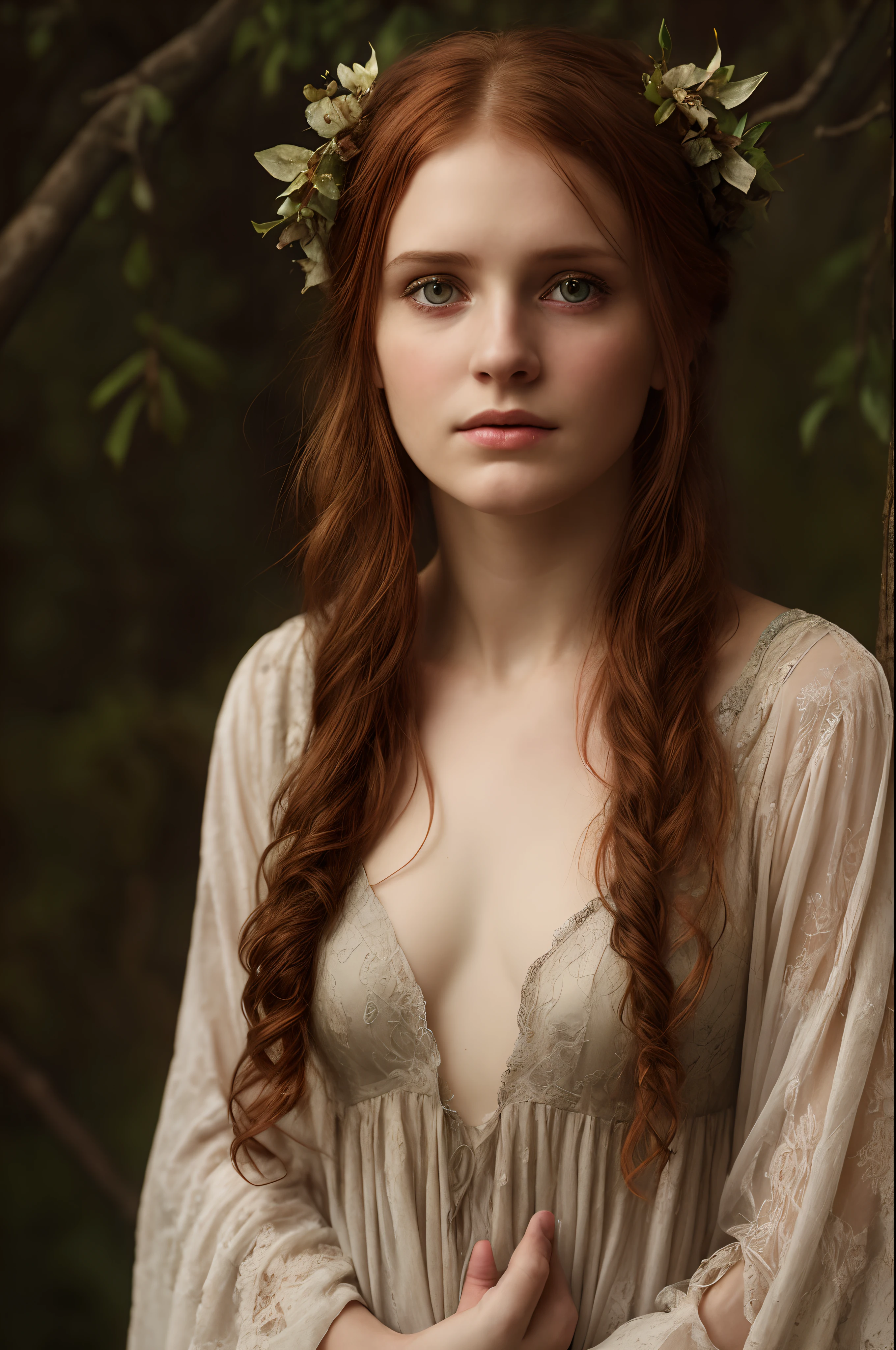 Full portrait, Realistic, Photorealistic, RAW photo, Highly detailed, cinematic rendering, Wild Dead Forest, evening, Cute 24-year-old woman, Leaning back in a tree and looking up at the grey cloudy sky, Redhead, Sexy, Dressed in a white tattered nightgown, Black leaves float in the air, Behold, the glittering particles flutter, Donamic composition, Dark light background, An atmosphere of melancholy and lonely, surreal photo by Alphonse Mucha, detailed perfect face, Melancholic eyes, Faded colors, cinematic  composition