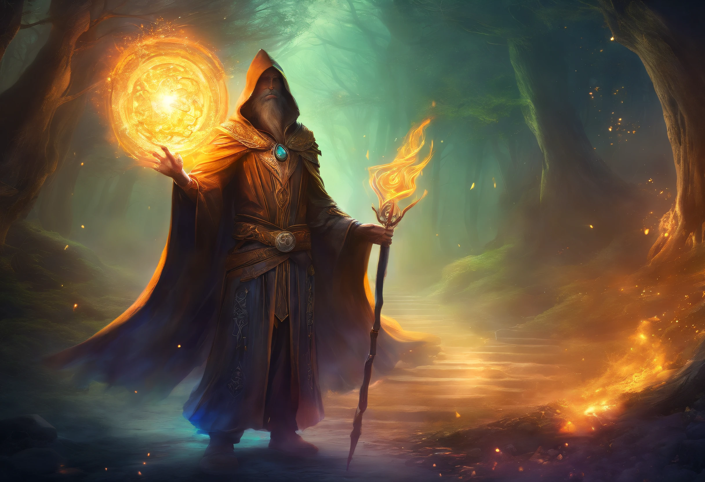 humanoid wizard wolf, wearing a cloak, very strong, holding a scepter, casting a spell with the other hand, magical aura, glowing eyes, mystical forest background, moonlight illuminating the scene, ancient ruins in the distance, intricate patterns on the cloak, ethereal mist swirling around, magical symbols floating in the air, intense concentration on the wizard's face, vibrant and contrasting colors, surreal and dreamlike atmosphere, dynamic and fluid motion, mythical creatures observing from the shadows, sparks and sparks flying from the spell, a sense of mystery and power emanating from the wizard, 3D rendering, high-res details, masterful brushstrokes, realistic textures, dramatic lighting, otherworldly energy radiating from the scepter, mystical and enchanted vibes