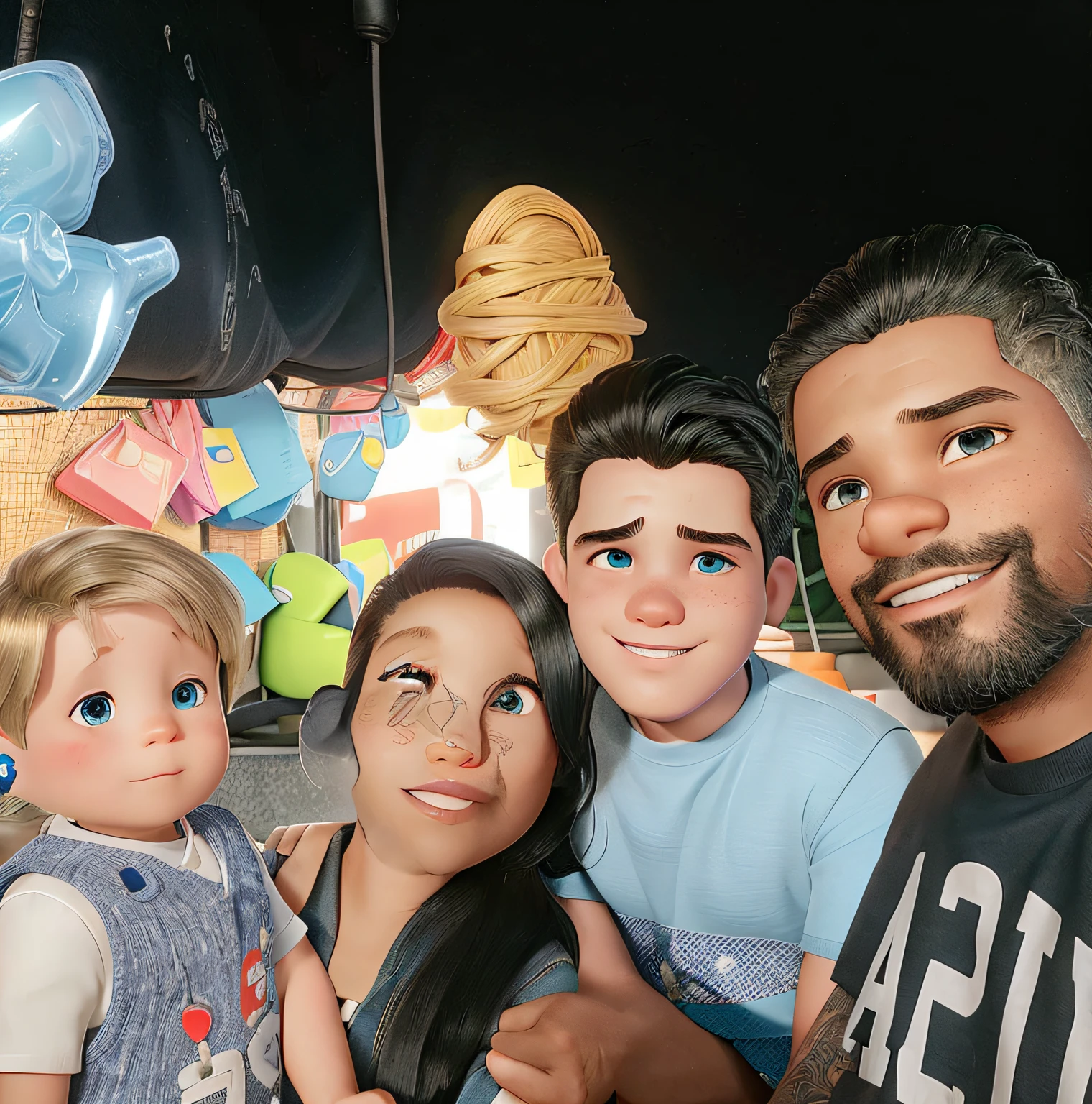 Male and blonde blue-eyed baby, Black Hair Mom, adolescente cabelo preto, e pai de cavanhaque cabelo preto