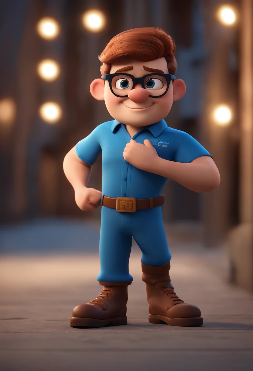 Cartoon character of a man wearing black glasses and a blue shirt, um personagem animado, Caractere estilizado, animation style rendering, 3D estilizado, Arnold Maya render, 3 d render stylized, toon render keyshot, Personagem 3D, Personagem 3D, 3d rendering stylized, 3 d character render, personagem de desenho animado, Personagem de close up, Pose de personagem, (Estilo Pixar) (master part:1.2) (Bokeh) (best quality) (pele detalhada) (textura detalhada) (8k) (argila) (Cinematic lighting) (foco nítido,Senta e vaza a parte superior do corpo