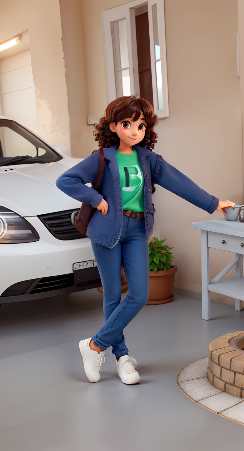 A beautiful girl with medium curly hair with bangs and dark brown, Dark eyes in jeans and white knitting smiling