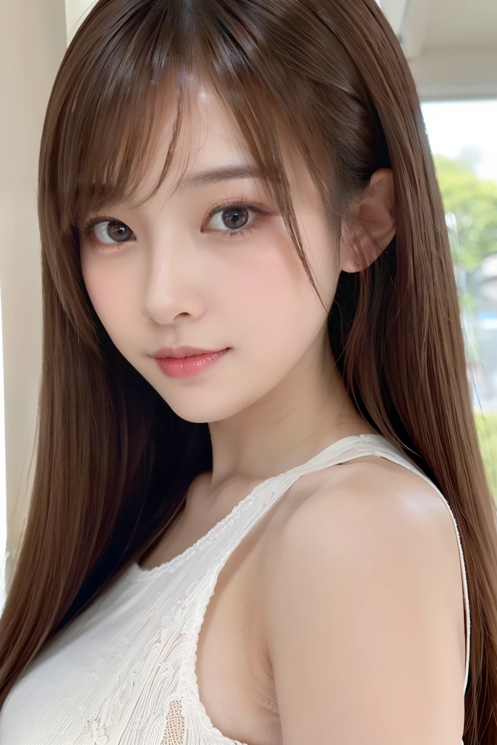 shiny hair, no makeup, masterpiece, Photorealistic, best quality, high resolution, shiny eyes,Separated eyebrow0.5, chuckle, Japanese idol, 