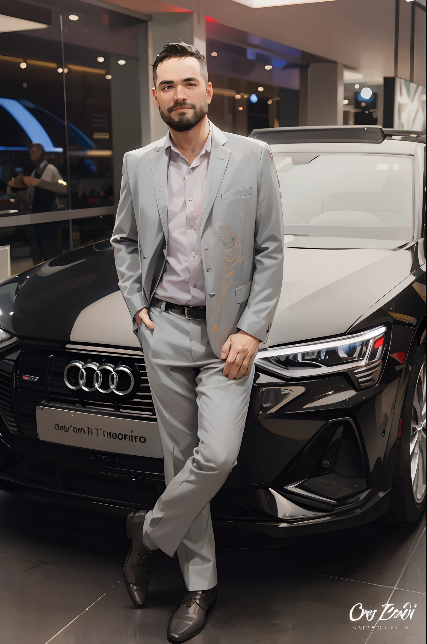 An illustration of a confident man wearing a suit, apoiado em um carro Audi e-tron. Desenvolva esta arte em Full HD, Focus on your cinematic touch, Estilo Disney Pixar Animations