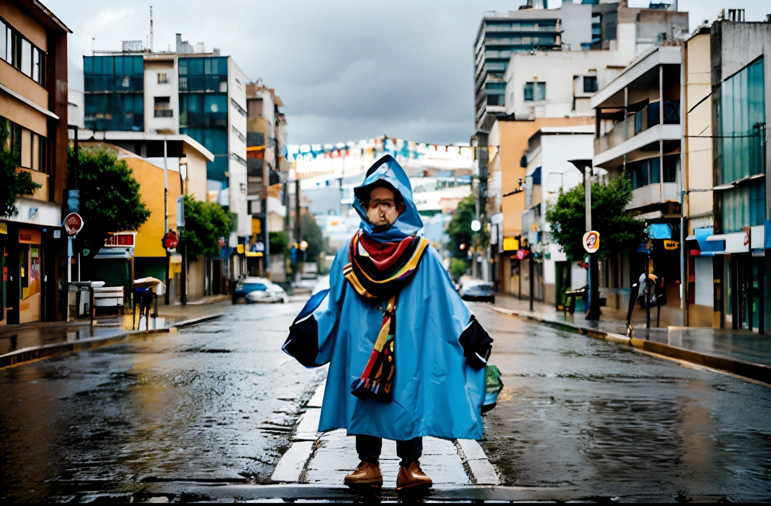Homem com 37 anos estilo Pixar caminhando em um dia nublado entre montanhas usando uma capa de chuva