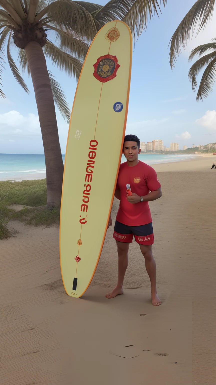 Um homem de 25 anos, camisa manga longa vermelha, sunga preta, bombeiro militar, na praia, With surfboard writing military firefighter in Portuguese