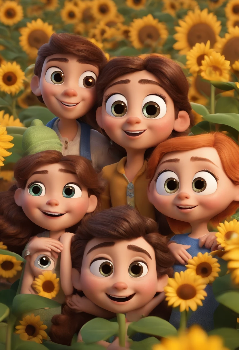 Create a Disney PIXAR-style 3D poster. ((centro da imagem, Triplets)), ((3 children)) ((1 menino no meio e 2 meninas ao lado, They're hugging each other, O menino tem pele castanha e cabelos castanhos escuros e olhos castanhos escuros, 1 menina tem pele clara, olhos e cabelos escuros e cacheados, e a outra menina tem pele morena, olhos escuros e cabelos escuros e lisos)) ((tudo isso no estilo Disney PIXAR 3D, In the background, A house of sunflowers, Gloria Studio, The garden is full of nature 3D render RTX clay material, estilo de design cartunesco, POP Mart, soft lighting, linhas suaves, Spring tilt, Detailed illustrations of PIXAR 3D, Detalhes hiper-realistas, cor quente no estilo Disney PIXAR 3D))