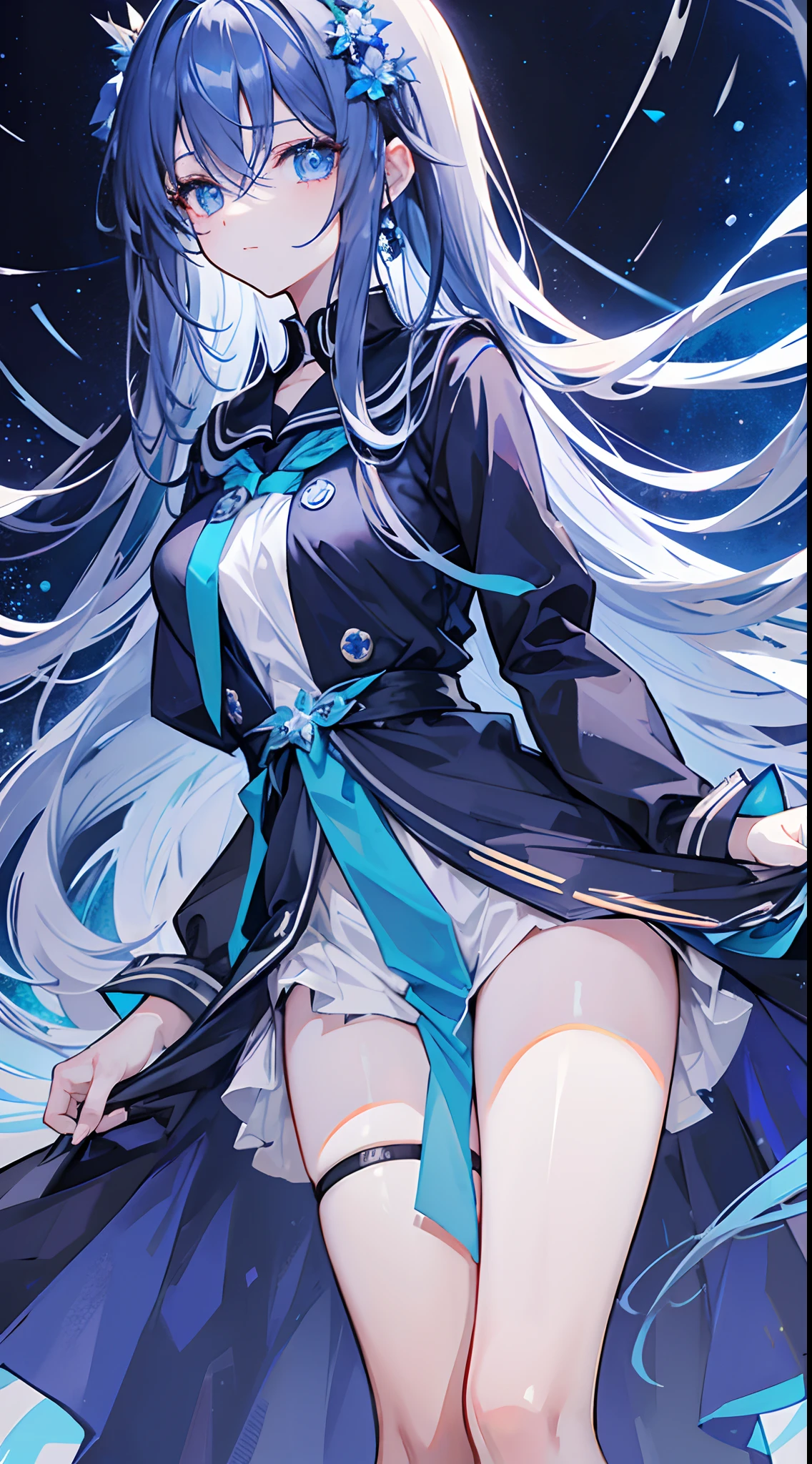 Light black-blue emanates，The hair does not reach the waist，With a hairpin with a blue flower decoration on the upper left side，Deep purple-blue eyes，Like an endless starry sky。
Long blue silky hair，Deep blue crystal eyes，A slight smile，Blue sailor uniform school uniform，Hairpins，Holding a flower on the other side