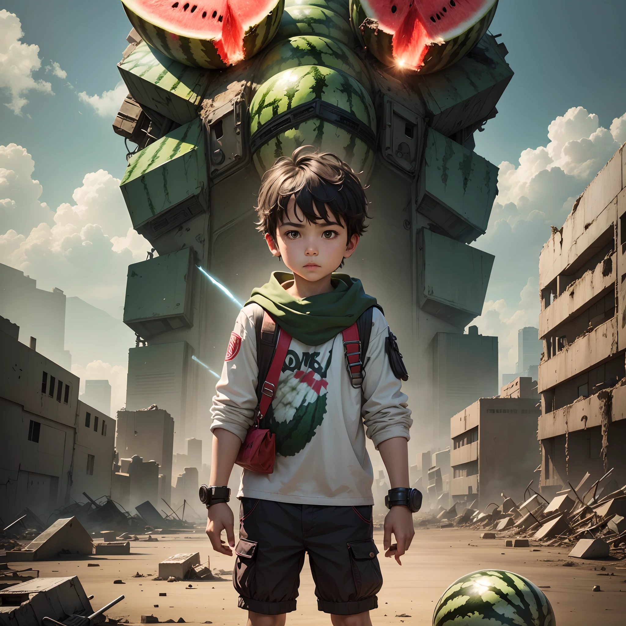"a boy with a watermelon in his hand, standing in the middle of destroyer city, looking at the viewer" --auto --s2