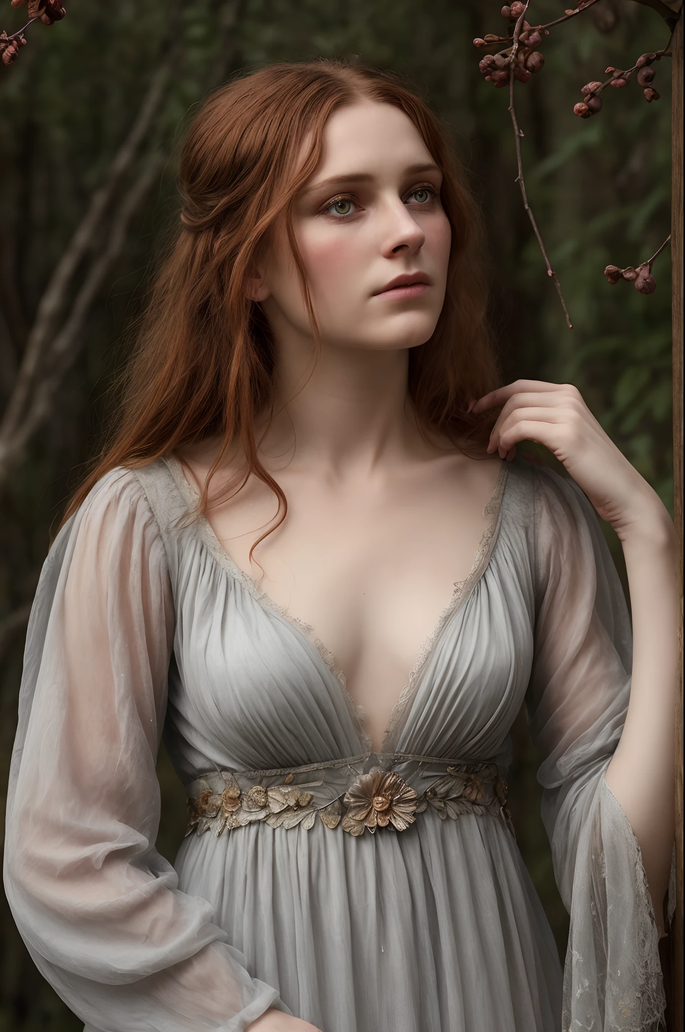 Full portrait, Realistic, Photorealistic, RAW photo, Highly detailed, cinematic rendering, Wild Dead Forest, evening, Cute 24-year-old woman, Leaning back in a tree and looking up at the grey cloudy sky, Redhead, Sexy, Dressed in a white tattered nightgown, Black leaves float in the air, Behold, the glittering particles flutter, Donamic composition, Dark light background, An atmosphere of melancholy and lonely, surreal photo by Alphonse Mucha, detailed perfect face, Melancholic eyes, Faded colors, cinematic composition