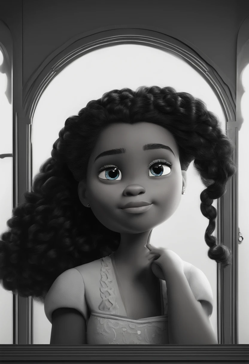 Um filme inspirado na Disney Pixar ( NEGRA JOVEM COM CABELO LONGO CACHEADO PRETO) dentro A cena estar na arte distinta do estilo PIXAR, descolada e estilosa