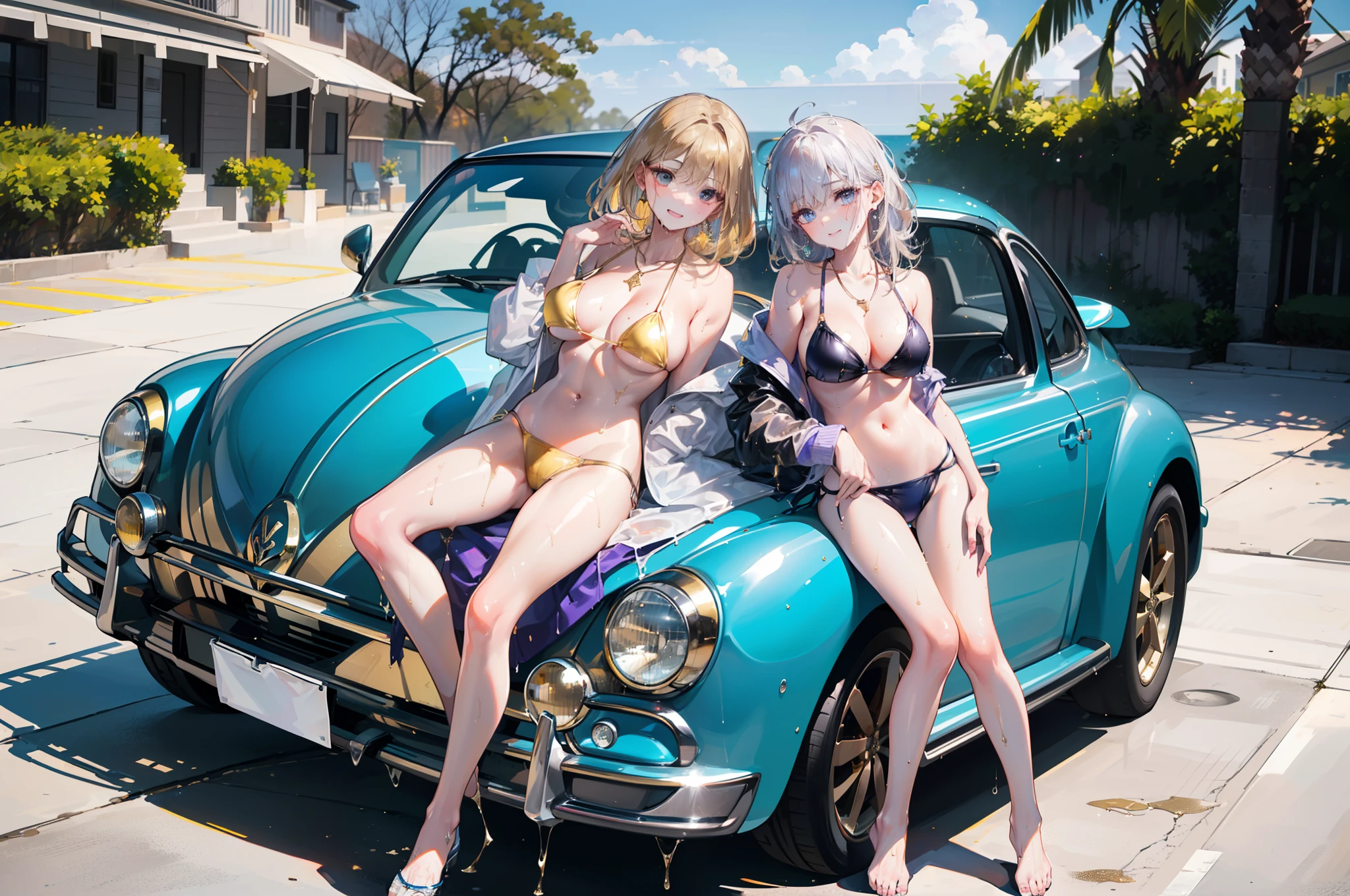 1 beauty, (Light Purple Eyeshadow),Platinum Blonde Perm Hair、(broad shoulders:1.4)、(Smaller face)、(pointed breast:1.6)、Model body type:1.2、Sharp eyes、Watery Big Eyes、(A mischievous smile:1.2)、Biker Jacket、 ((Light Gold Bikini Swimsuit:1.4)),(wet and disheveled hair,:1.4)、(Heavy sweat on the face:1.2)、(facefocus:1.4)、(Platinum necklace and large earrings)、gulf coast:1.4、A yellow Volkswagen Beetle in full form is parked towards us、((Leaning on the car:1.4))、Increase the amount of information:1.2、Perfect drawing、(pinup:1.2)