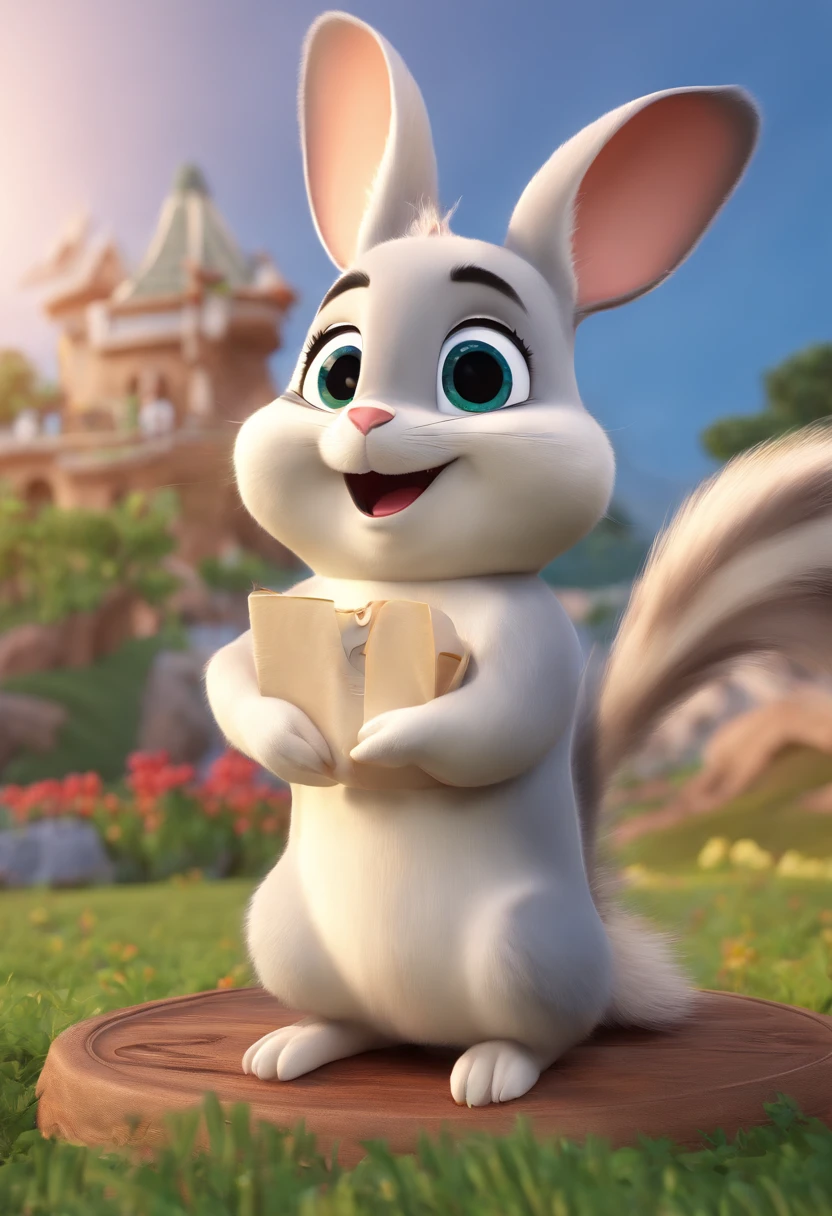 Estilo Disney: Chinchila branca feliz num campo