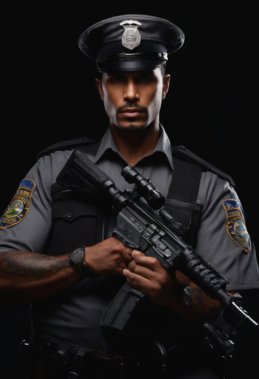 Creating a man around 30 years old with light brown skin, dark brown hair, and dark brown eyes, dressed in a gray Brazilian police uniform, holding a rifle, wearing a French beret, and sporting tattoos that cover the entire length of his right arm. This man is Brazilian.