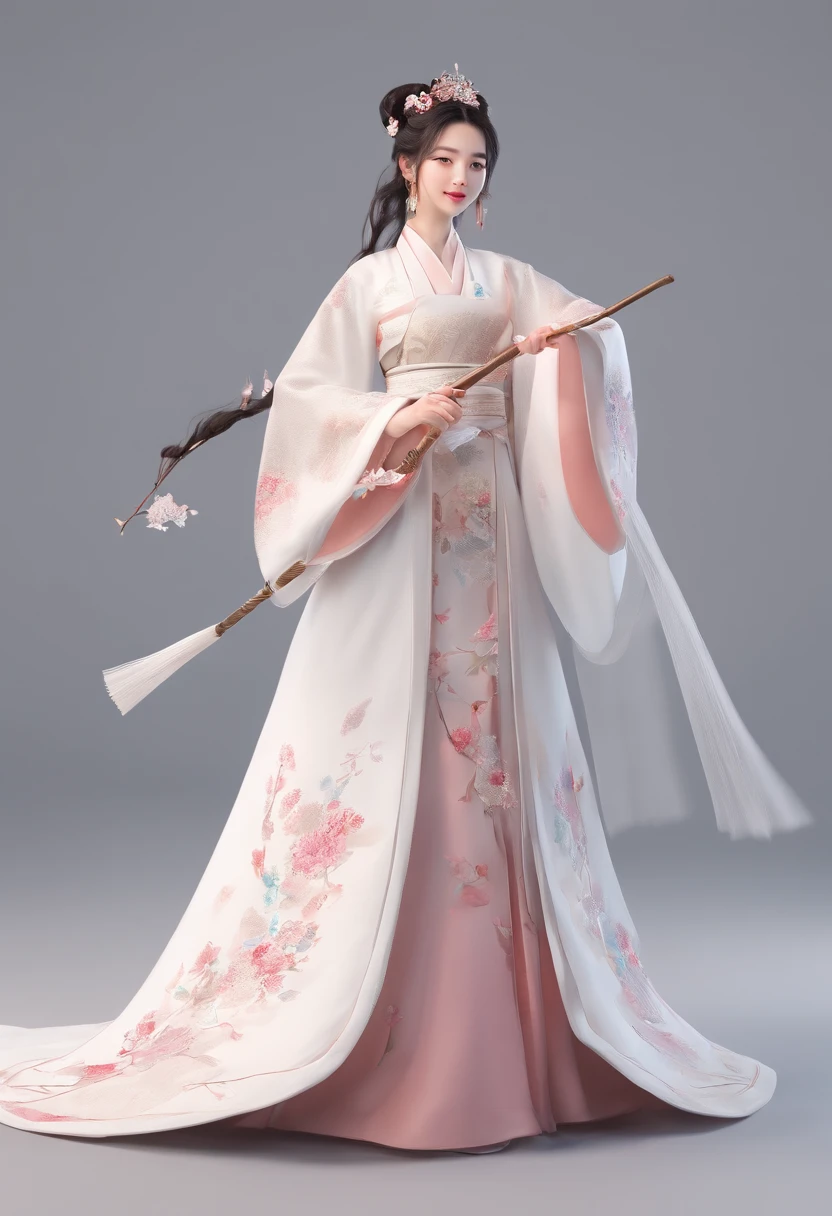 best quality, Qualidade de imagem 4K, 1girl, Hanfu branco, neve, long hair fluttering in the wind, sorriso curativo, grande abertura, Fundo desfocado