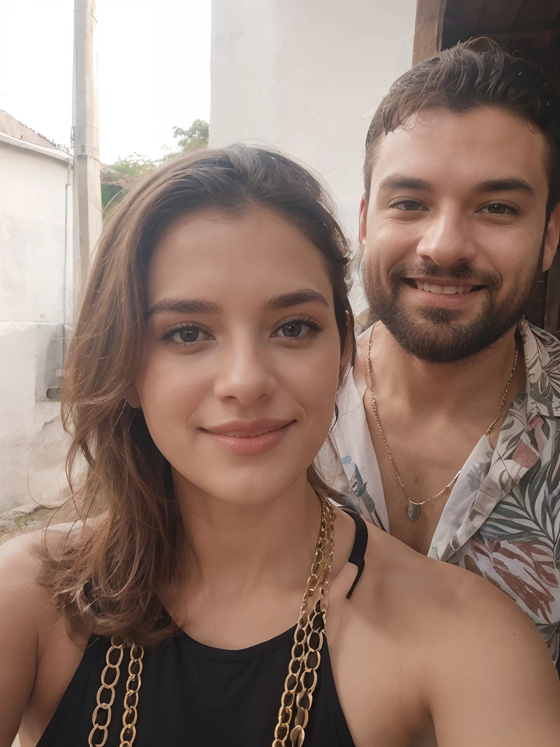 Uma mulher e um homem posando para a foto, em uma paisagem natural ao fundo, com cachoeiras e arvores.