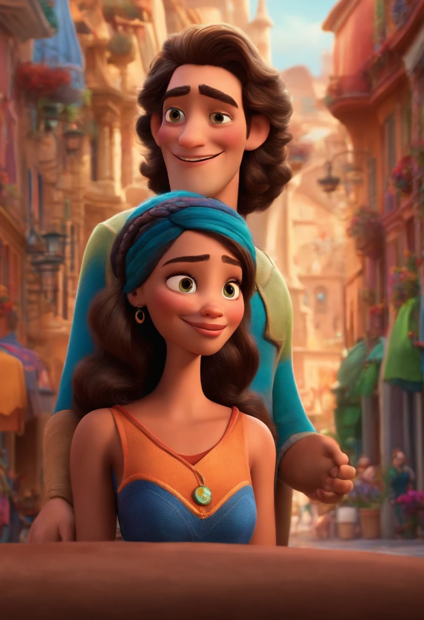 Um homem e uma mulher, inspired by Pixar animation, de perto. Characters take center stage with captivating facial expressions, oferecendo um toque de irrealidade.