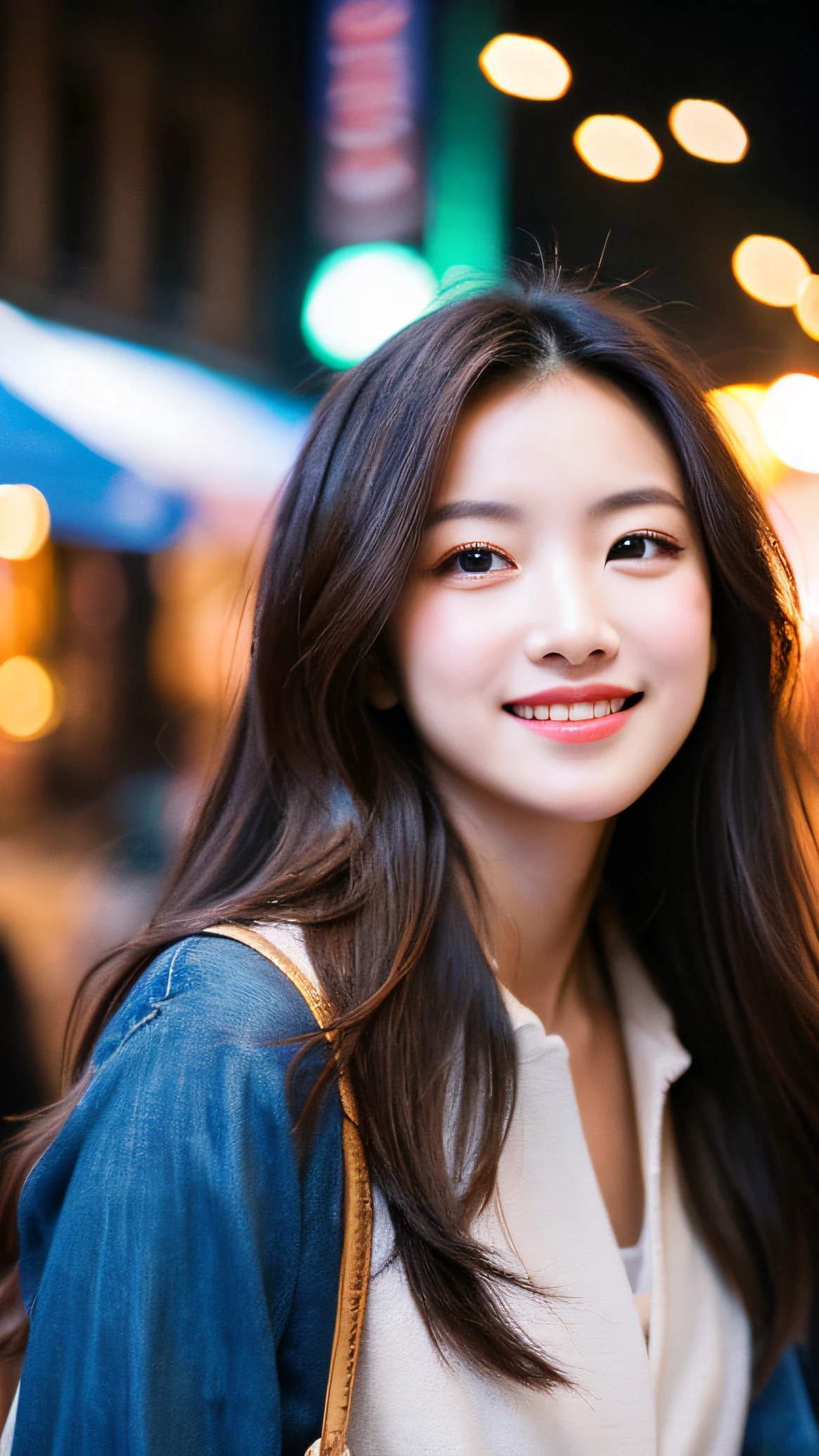 1 Girl drinking a glass of beer without a straw、walking in the street、Walking、Gaze to the side、A delightful、Beautie、Tremendously beautiful、dual、A slender、a smile、The long-haired, high quality image, high resolution in detail, try-x, ISO1600, super realistic photo, fine skins, fine hair, 135mm lens